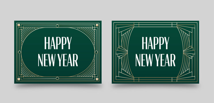 Happy New Year Greetings Card Layout in Green & Gold with Retro Vintage Art Deco Border Frame