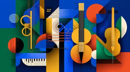 Geometric abstract composition with musical instruments in bold colors. AI generative