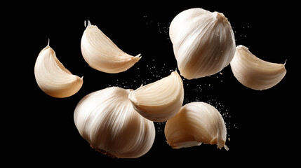 Garlic cloves falling and rotating in midair, isolated on black background, showing fresh texture and detail, with small particles adding dynamic motion and energy