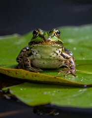 Obraz premium Green Frog Resting on Lily Pad in Pond, Close-Up View.