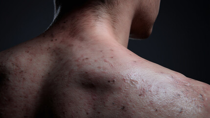 Fototapeta premium Upper back skin irritation macro closeup acne blemish redness male adult Upper back macro closeup showing irritated skin with scattered acne blemishes and redness adult male highlighting skin