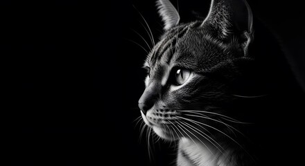 Black and White Cat Headshot Profile with Dramatic Lighting and Detailed Whiskers