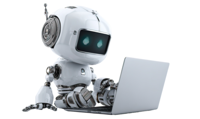 Happy cute AI robot working on a laptop with finance analytics theme, futuristic automation concept on clean background