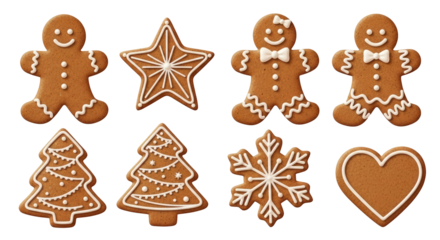 Gingerbread cookies with icing, featuring a gingerbread man, star, and other shapes.