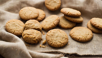 Homemade Christmas cookies placed on natural linen fabric,Holiday Cookies On Linen. Cozy Winter Baking Mood. Handmade Treats For New Year.