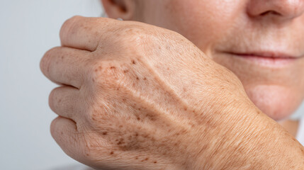Fototapeta premium Close up of mature hand with visible age spots, mild pigmentation, and wrinkles, showing natural skin texture and signs of aging, healthy elderly skin, neutral background