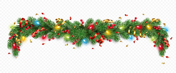 Vector realistic pine tree branches with golden and red confetti, ribbons, berries and lights isolated on a transparent background. Holiday Christmas tree garland for winter decoration banner, poster,