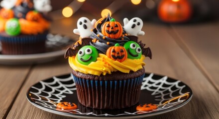 Halloween-themed cupcake with orange and yellow icing, decorated with pumpkins, ghosts, and spiders on a black and white spiderweb plate.