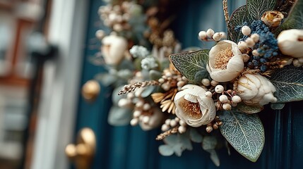 Macro Close-up Vintage Handcrafted Wreath with White Camellia-like Flowers and Blue Berries on Dark Blue Door, for Christmas Home Decor and Lifestyle Blog Use.