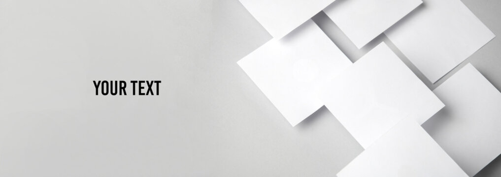 Composition of floating white square memo papers on gray background. Business concept. Copy space for text