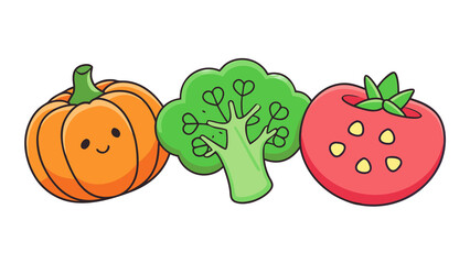 Cute cartoon pumpkin broccoli and strawberry isolated on transparent background