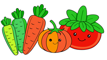 Cute cartoon carrots pumpkin and tomato isolated on transparent background