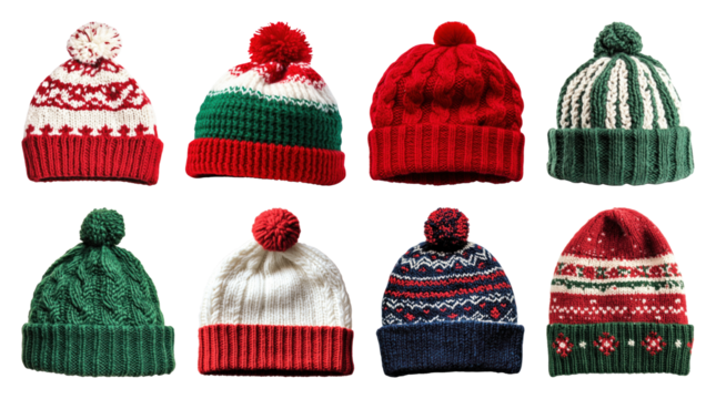 PNG Colorful knitted winter hats collection, element set on transparent background