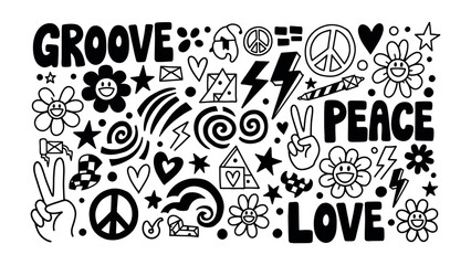Obraz premium Peace, Love, and Groove: An eye-catching doodle art featuring symbols of peace, love, and the groove of life, rendered in bold lines, evoking a sense of unity and free expression.