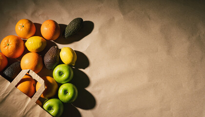 Vibrant Flat Lay of Fresh Citrus and Produce on Kraft Paper with Shadows