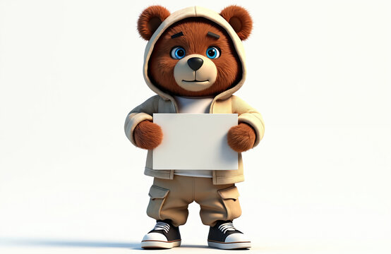 Cute cartoon bear cub wearing a beige hoodie and cargo pants holds a blank white sign. This friendly character is perfect for announcements, messages, or add text for marketing campaigns. - Powered by Adobe