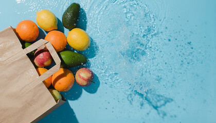 Fresh Produce Spill: Washed Fruits & Veggies with Water on Blue Background