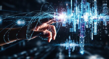 A hand interacting with a digital cityscape on a dark background.