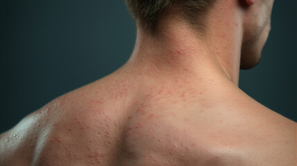 Upper back with scattered red irritation, close up of male skin showing inflamed bumps, possible allergic reaction or heat rash, dermatology health issue, macro detail