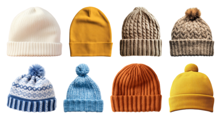 PNG Colorful winter knit beanie collection, element set on transparent background