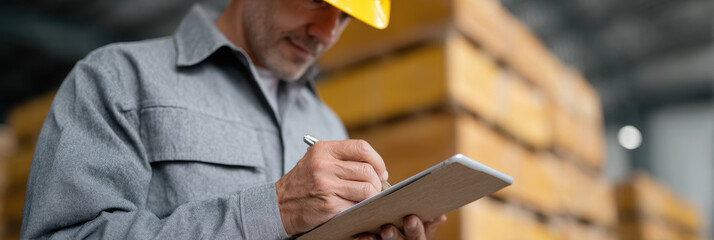 Industrial manager clipboard hardhat warehouse logistics quality control focused