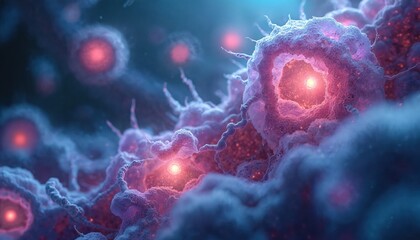 Detailed cellular structure with nucleus anatomy. Cells interact in molecular biology. Image shows genetic material with cellular membrane. Science diagram used in educational research. Cellular