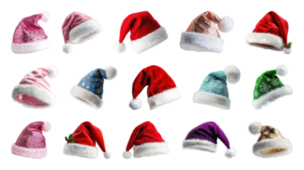 PNG Colorful festive Santa hats collection, element set on transparent background