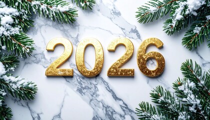 Golden 2025 Silhouette on Marble with Snowy Pine Branches for Festive New Year Greeting Card, Winter Holiday Inspiration, Elegant Design, Seasonal Celebration, Snowy Scenery happy