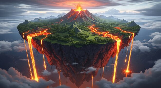 A floating island with an erupting volcano, lava rivers, and lush greenery, suspended in the sky amidst clouds, showcasing a blend of destruction and life - Powered by Adobe