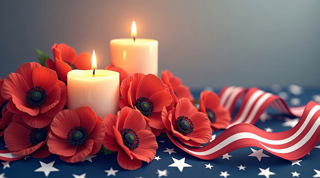 A respectful Memorial Day tribute illustration with softly lit candles delicate poppies and understated patriotic ribbons featuring star motifs arranged in a clean and dignified commemorative style