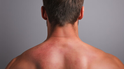 Naklejka premium Back skin with visible dry patches and redness, close up of male upper back and neck, showing irritated skin texture and mild inflammation, health and dermatology concept