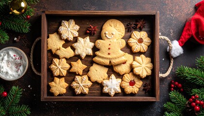 Festive holiday assortment of assorted Christmas cookies arranged on a wooden tray with holiday decorations