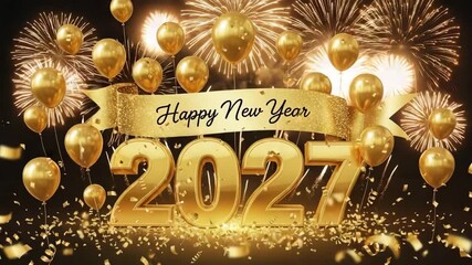 New year 2027 celebration, golden numbers, fireworks, balloons