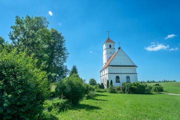 Fototapeta premium Transfiguration Cathedral a church in Zaslavl, Belarus. Architectural marvel Transfiguration Cathedral originally a Calvinist church in Belarus. Grand cathedral in Belarusian architectural heritage.