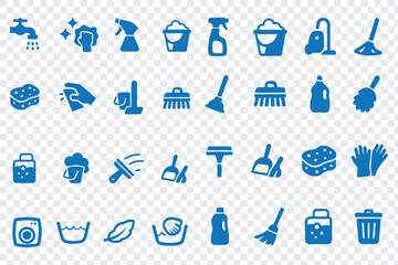 Blue cleaning services supplies tools household outline vector icons set illustration