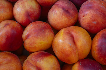 Closeup of ripe nectarines with vibrant red and orange skin filling the frame. Juicy ripe nectarines closeup perfect for healthy eating nutrition concepts fruit market advertising.