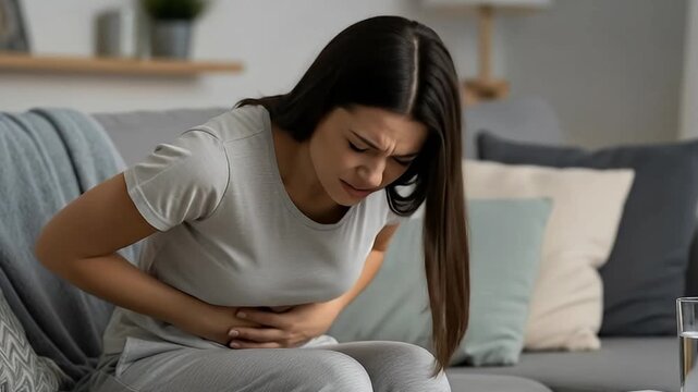 A young adult woman is deeply engrossed in a moment of acute physical discomfort, seated on a grey couch in a bright, inviting home environment. Her hands are clasped firmly over her lower abdomen, an