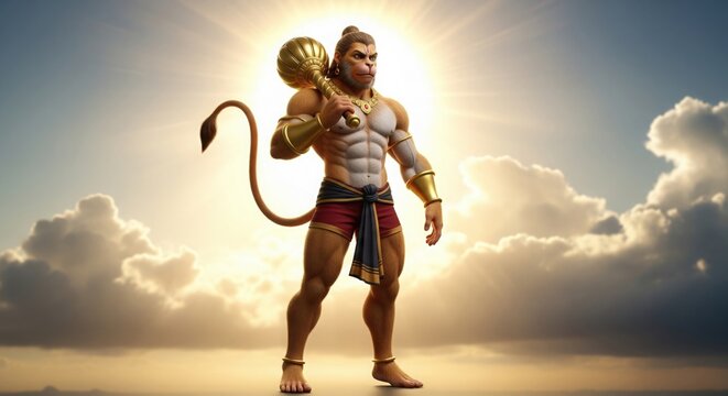 Dynamic Lord Hanuman Ji. Semi-Realistic 3D Divine Sunlight Artwork.