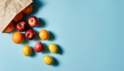 Fresh Citrus and Apples Spilling from Paper Bag on Blue Background