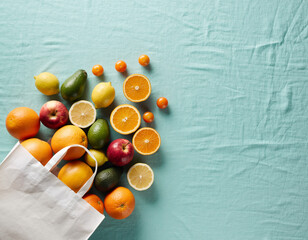 Vibrant Fresh Produce: Healthy Fruits and Vegetables in Reusable Shopping Bag