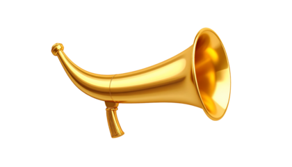 A shiny, golden, vintage-style megaphone isolated against a clean white background.