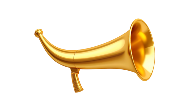 A shiny, golden, vintage-style megaphone isolated against a clean white background.
