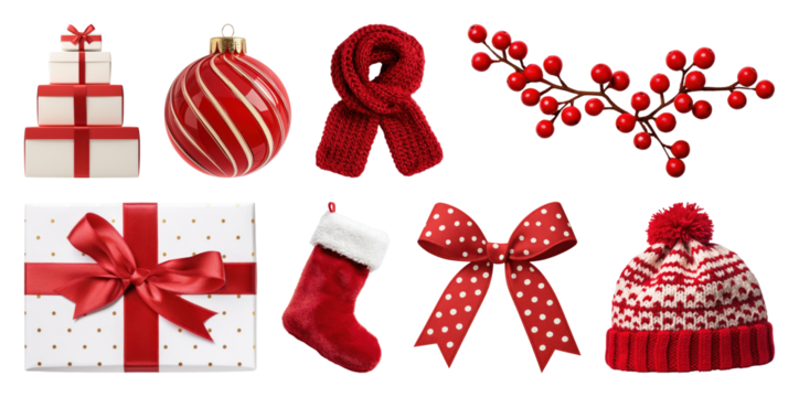 PNG Festive red Christmas decorations collection, element set on transparent background - Powered by Adobe