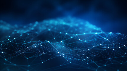 Blue network texture glows, uses geometric data points, suitable for tech branding, presentation backdrop.