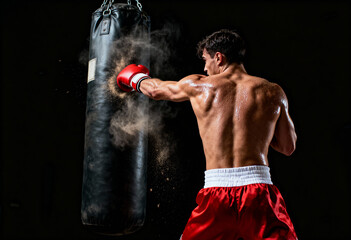 Strong athlete boxer punching black hanging bag during intense boxing training with focus and determination on competition
