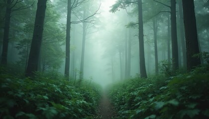 Obraz premium Foggy forest path with lush green plants and tall trees. Light mist obscures distant view creating tranquil, mysterious woods ambiance. Perfect for nature, hiking, or meditation themes.