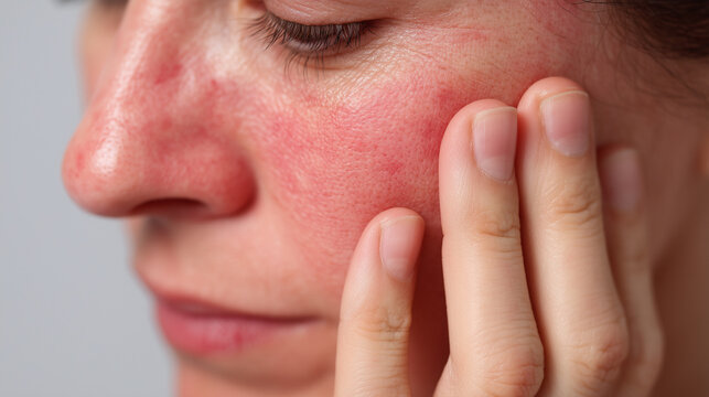 Closeup of irritated sensitive skin with visible redness, inflamed cheek, and dry texture, showing discomfort and possible allergic reaction or skin condition