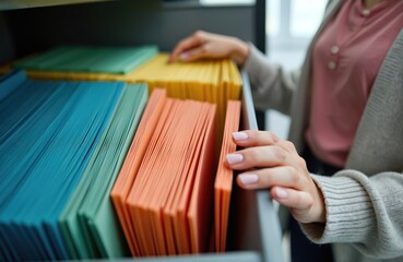 Person sorts colorful files in office filing cabinet. Hands search through folders for important data. Organized documents in a modern workplace. Efficient record keeping in business.