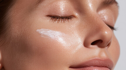 Fototapeta premium Smooth skin closed eye cream texture healthy cheek glowing complexion natural beauty macro shot skincare hydration freshness relaxation