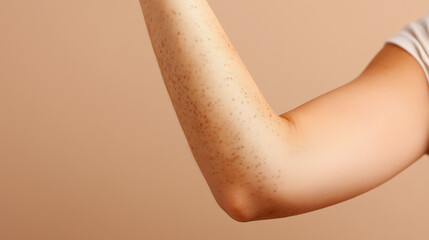 Upper arm with patchy dryness, small raised bumps, and visible skin texture, showing natural imperfections and healthy tone, close up, neutral background
